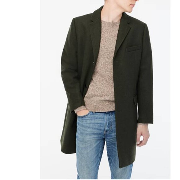 J Crew Thompson Mens Trench Coat Winter Wool Blend Jacket Overcoat Lined Olive - Picture 11 of 11